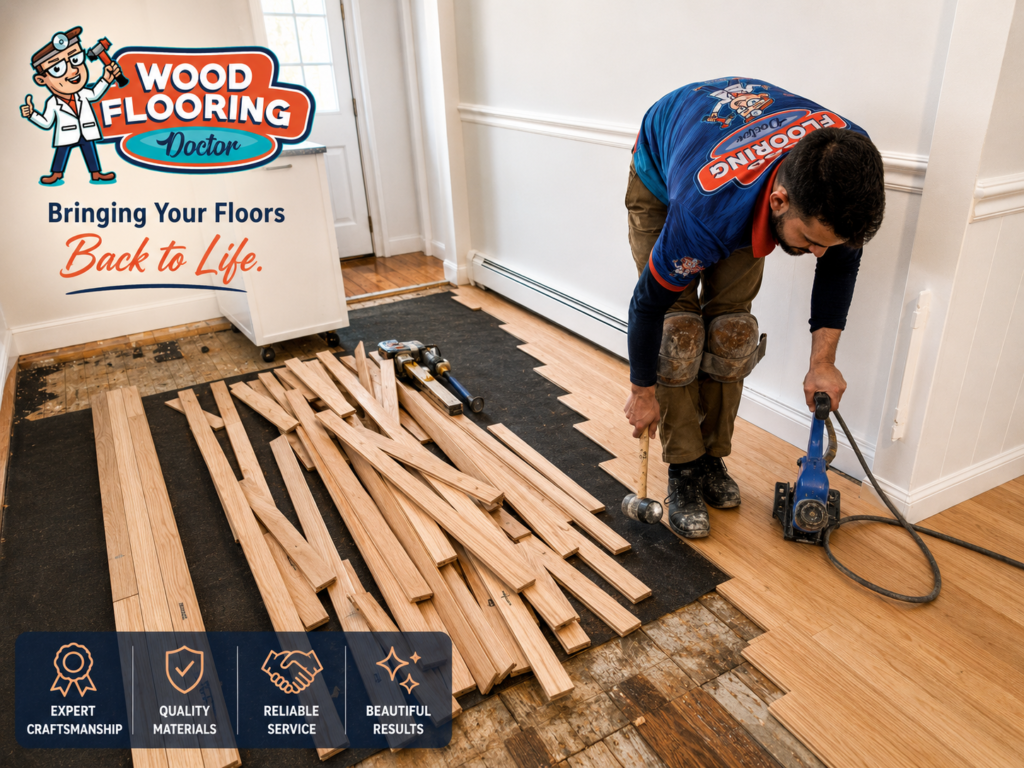 Hardwood floor installation by Wood Flooring Doctor showing professional installation techniques during a residential hardwood flooring project.