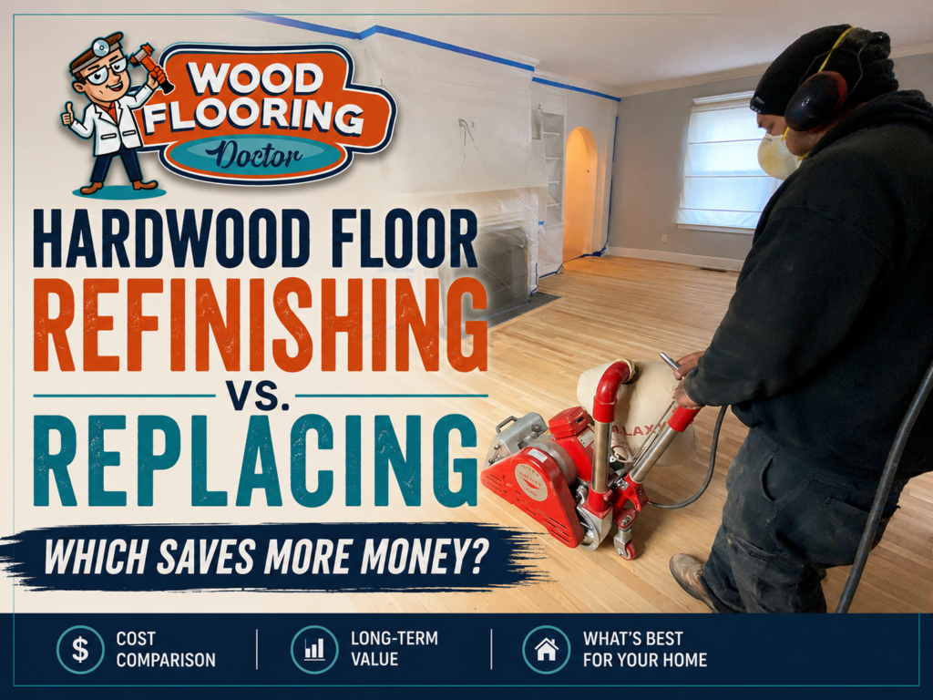 Hardwood floor refinishing in progress with a professional drum sander, comparing refinishing vs. replacing hardwood floors for Connecticut homeowners.