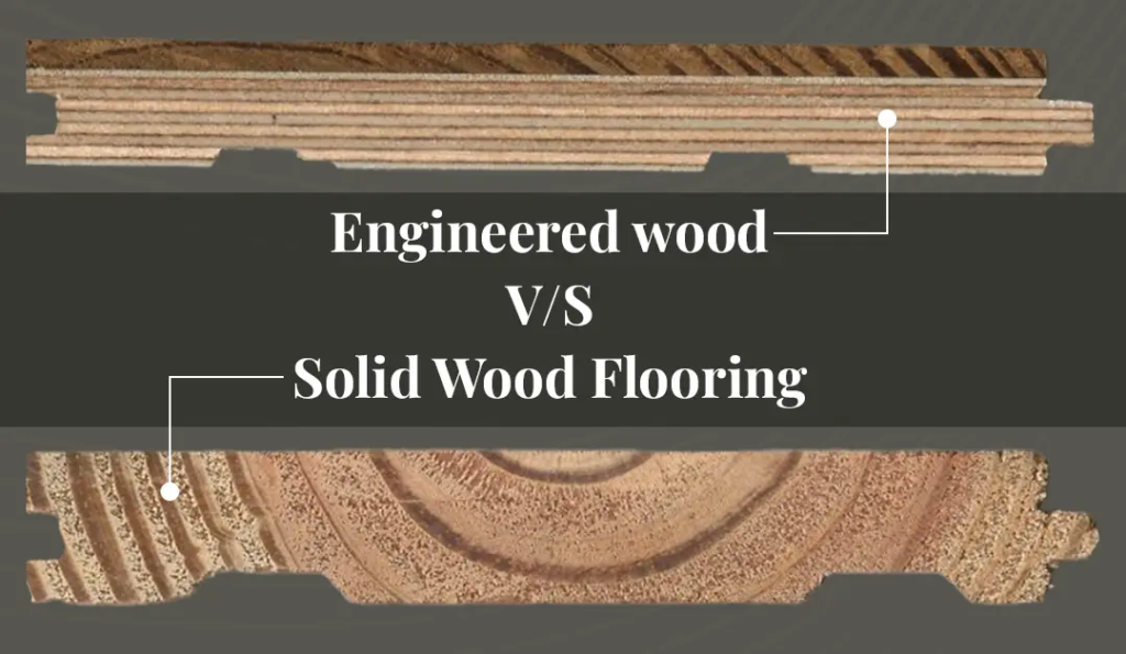 Solid vs. Engineered Hardwood Flooring comparison showing the cross-section of engineered wood and solid hardwood planks.