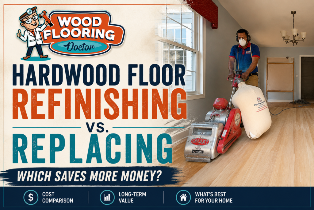 Hardwood floor refinishing vs replacing comparison showing restored wood flooring after professional refinishing
