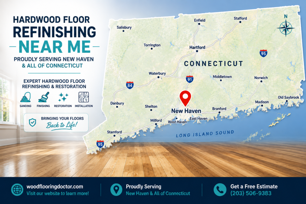 Hardwood floor refinishing near me service area map highlighting New Haven, CT by Wood Flooring Doctor