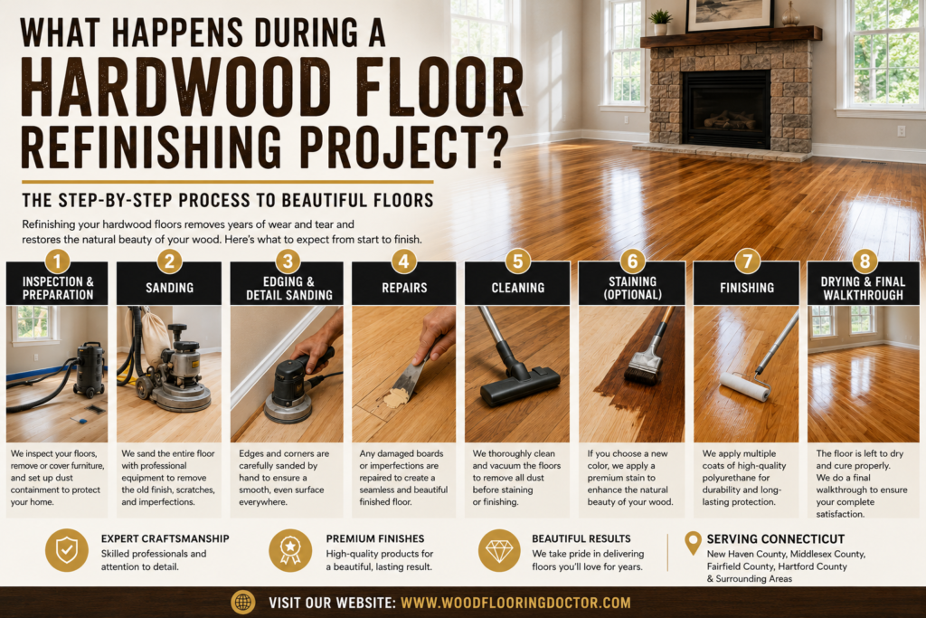 What Happens During a Hardwood Floor Refinishing Project? Step-by-step hardwood floor refinishing process by Wood Flooring Doctor in Connecticut.