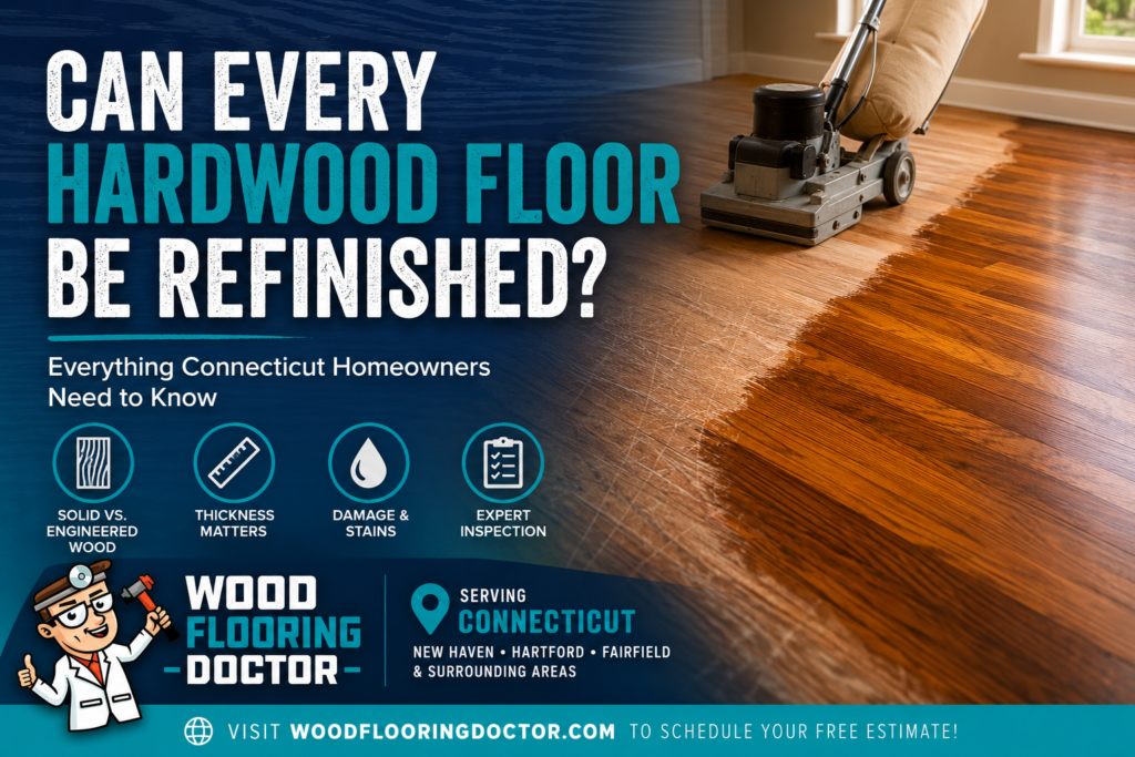 Can every hardwood floor be refinished? Professional hardwood floor refinishing process showing a floor sander restoring hardwood floors in Connecticut.