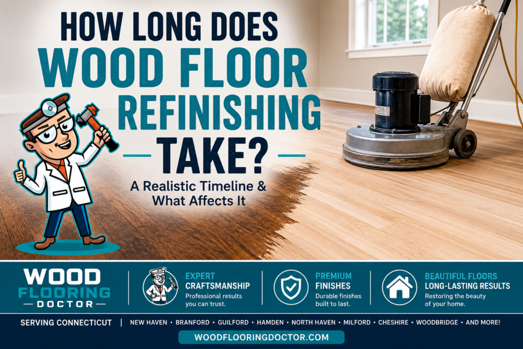 Professional hardwood floor refinishing in Connecticut showing a floor sanding machine restoring oak hardwood floors. Learn how long wood floor refinishing takes from start to finish.